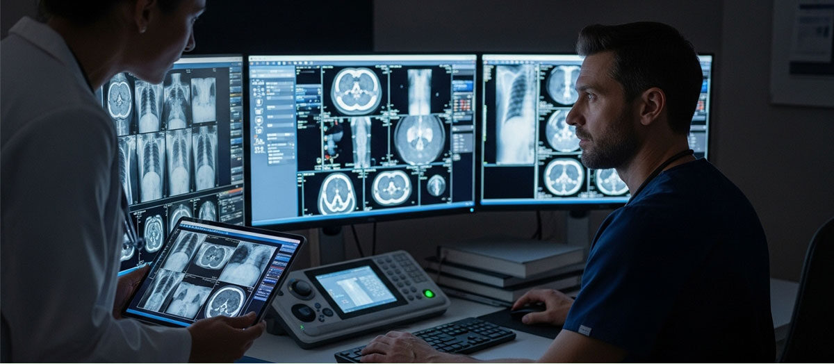 Radiologists and clinicians collaborating through AdvaPACS cloud PACS platform at RSNA 2025
